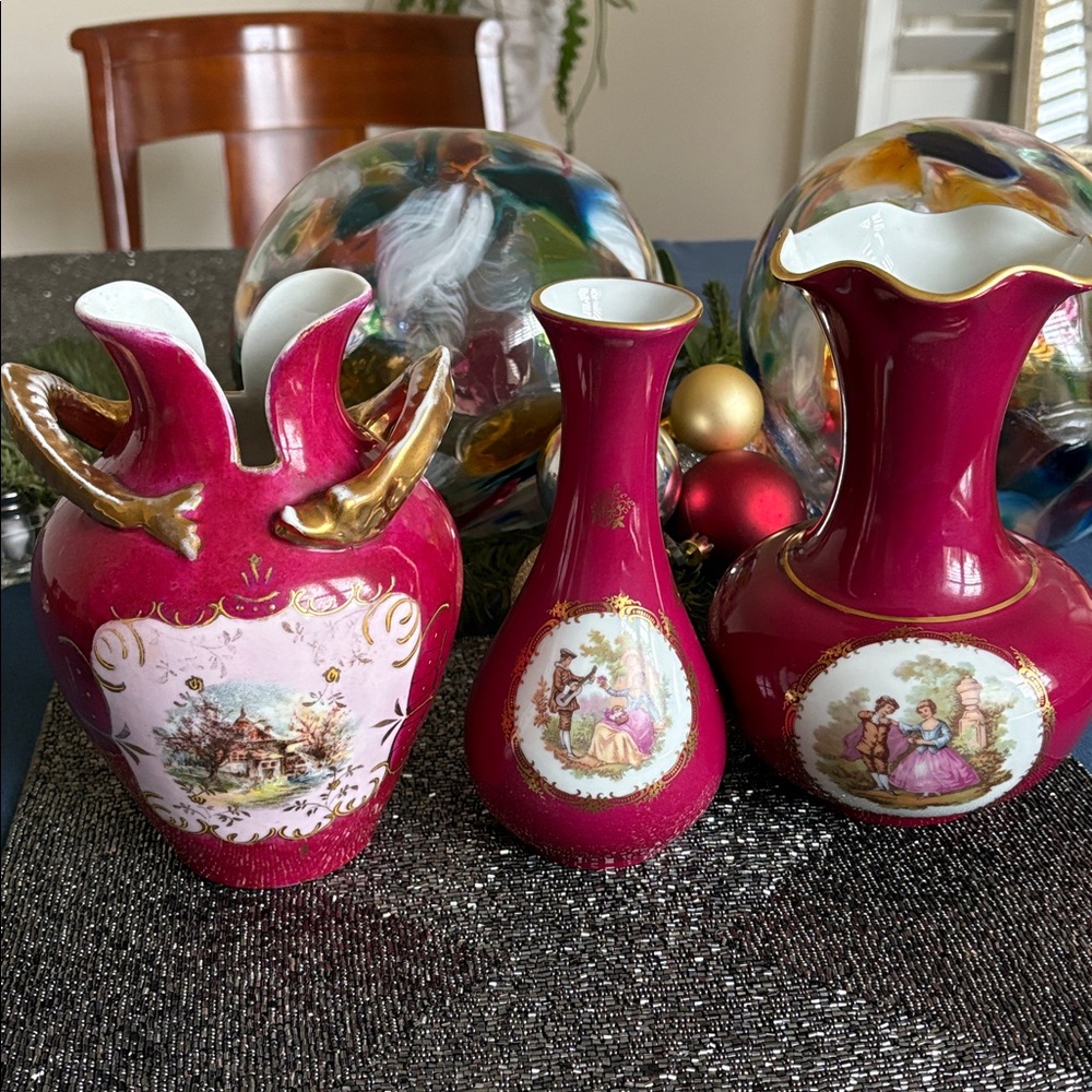 Set of Two Limoges France vases Courting Couple + Austrian vase gold trim maroon